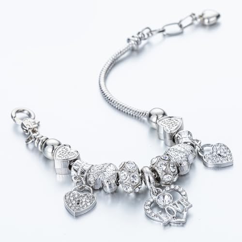 Silver Cross Heart Glass Bead Snake Charm Bracelet Jewelry Gifts for Women | Elegant Bracelet with Heart Beads, Silver Cross and Snake Chain Design, Stylish Daily Jewelry, Ideal Birthday Gift for Ladies