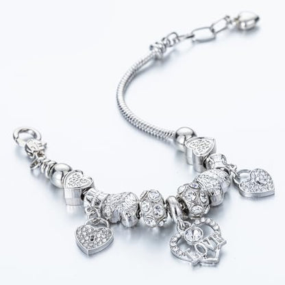 Silver Cross Heart Glass Bead Snake Charm Bracelet Jewelry Gifts for Women | Elegant Bracelet with Heart Beads, Silver Cross and Snake Chain Design, Stylish Daily Jewelry, Ideal Birthday Gift for Ladies