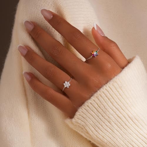925 Sterling Silver Adjustable Link Chain Rings for Women Daughter | Dainty 14k Gold Plated Evil Eye/Cross/Flower Ring Sparkly Twist Rope with Bead Dangle Stackable Ring Jewelry Birthday Gifts - color: Style 6-Rainbow