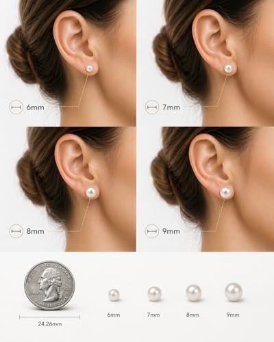 AAA+ Real Freshwater Pearl Stud Earrings, Sterling Silver Hypoallergenic | Hand-Matched White Round Pearls, 925 Silver Posts & Backs, Smooth High-Luster Surface, Soule Pearl Gift Box - color: Rhodium Plated, size: 8.0-8.5mm