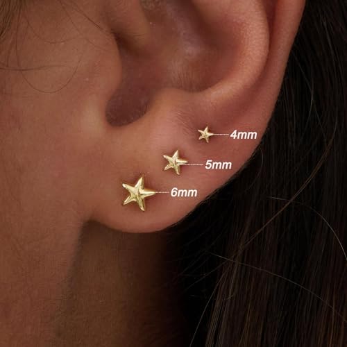 3 Pair Tiny Flat Back Earrings for Women - 14K Gold/White Gold Plated Dainty Cute Small Screw Flatback Stud Earring, Everyday Wear Gift - color: Star Flat-4/5/6mm Gold