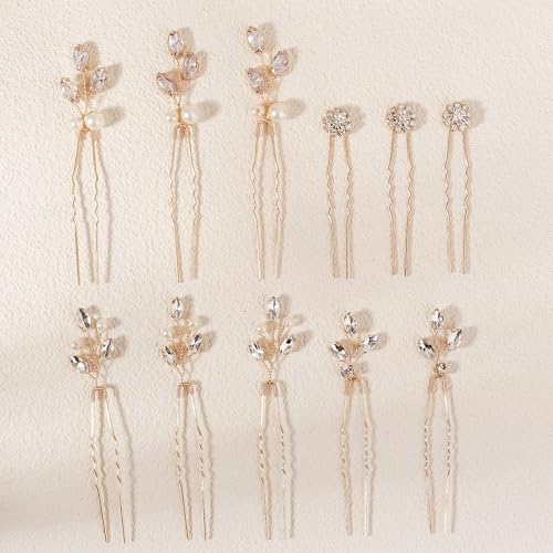 11 Pieces Bride Hair Pins Rhinestones Hair Accessories for Women Crystal Hair Piece for Wedding Bride Women Bridesmaids - color: 04 Gold-UJ-1029