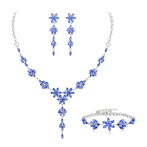 EVER FAITH Crystal Flower Wedding Prom Jewelry Set for Bride Bridesmaid | Rhinestone Costume Party Y-Shaped Necklace Dangle Earrings Bracelet, for Women - color: Blue Silver-Tone