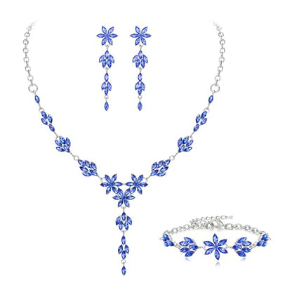 EVER FAITH Crystal Flower Wedding Prom Jewelry Set for Bride Bridesmaid | Rhinestone Costume Party Y-Shaped Necklace Dangle Earrings Bracelet, for Women - color: Blue Silver-Tone