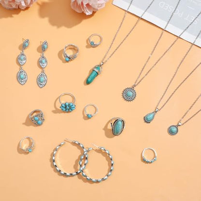 NEWITIN 20 Pieces Silver Bohemian Jewelry Set for Women Fashion Costume Jewels Turquoise Necklace Bracelet Ring Earrings Western Turquoise Jewelry Set for Women - color: Bohemian Jewelry Set