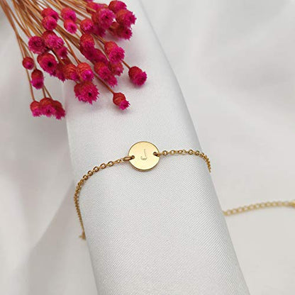 Ovian Initial Charm Bracelet for Women 18K Gold Plated stainless steel Coin Disc Engraved Letter Bracelet Personalized Monogram Name Bracelet - color: J