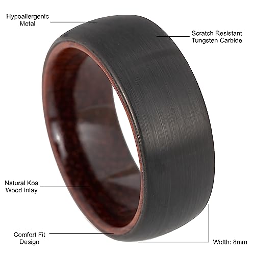 8mm Tungsten Carbide Genuine Natural Koa Wood Inner Inlay Ring Black/Gold/Silver/Rose Gold Wedding Band Hammered Textured Flat Style Comfort Fit Gift Box Included - color: Black Tungsten