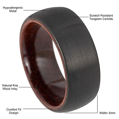 8mm Tungsten Carbide Genuine Natural Koa Wood Inner Inlay Ring Black/Gold/Silver/Rose Gold Wedding Band Hammered Textured Flat Style Comfort Fit Gift Box Included - color: Black Tungsten