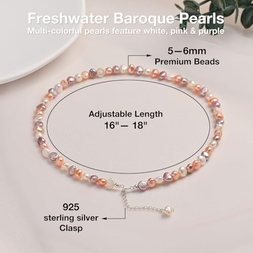 Natural Pearls Necklace, Freshwater Baroque Pearls Necklace for Women's Pearl Strand Choker Necklace 18K Gold Plated & S925 Sterling Silver Clasp White Necklace Chain - color: Colorful, 5-6mm, Silver Clasp