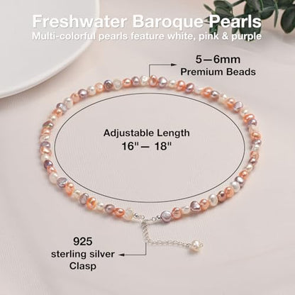 Natural Pearls Necklace, Freshwater Baroque Pearls Necklace for Women's Pearl Strand Choker Necklace 18K Gold Plated & S925 Sterling Silver Clasp White Necklace Chain - color: Colorful, 5-6mm, Silver Clasp