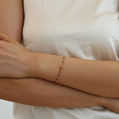 18K Gold Plated Pearl Beaded Cross Bracelets for Women Adjustable Stainless Steel Dainty Thin Gold Box Cuban Twisted Link Chain Bracelet Bridesmaid Jewelry Gifts - color: Black Cross-Gold