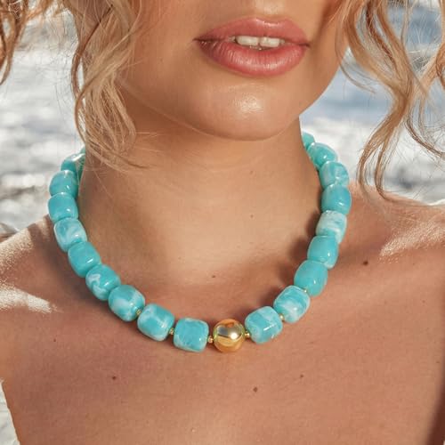 Chunky Colorful Beaded Choker Necklace for Women, Summer Beach Statement Resin Beads Necklace, Trendy Womens Summer Beach Jewelry Birthday Gifts for Vacation Holiday - color: Square Lake Blue Bead