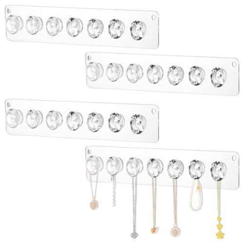 4Pcs Wall Necklace Holder for Women, Hanging Jewelry Organizer Wall Mount Crystal Holder Necklace Wall Hanger, Acrylic Bracelet Holder Organizer Jewelry Rack Adhesive Hooks Necklace Storage - style: 4 Pcs 7 Hooks