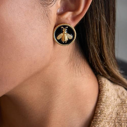 RAUCHBE Big Chunky Gold Earrings for Women Vintage Black Oval Earring Onyx Statement Earrings Trendy Jewelry - style: Bee