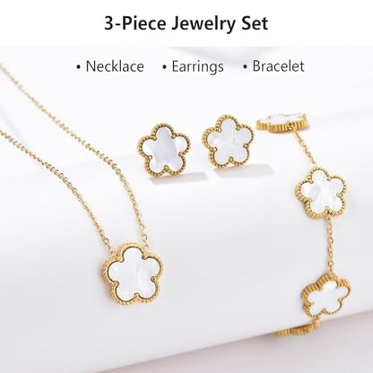 Clover Jewelry Set for Women, 18K Gold Plated Necklace Bracelet & Stud Earrings Set, Stainless Steel Non Tarnish Gold Jewelry Set, Lucky Necklace and Earring Set Gift for Her - color: White
