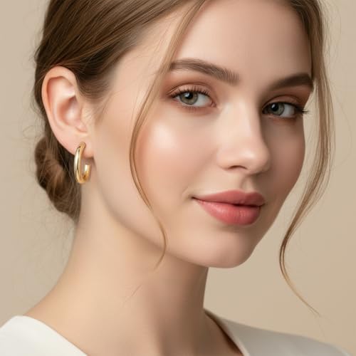 2 Pairs Gold Chunky Hoop Earrings for Women | Small Lightweight Clip On Earrings for Non Pierced Ears, Comfortable Cushion & Non-Slip Grip for Sensitive Ears