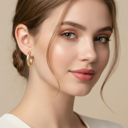 2 Pairs Gold Chunky Hoop Earrings for Women | Small Lightweight Clip On Earrings for Non Pierced Ears, Comfortable Cushion & Non-Slip Grip for Sensitive Ears
