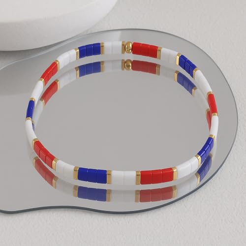 Candy Colorful Tila Flat Beads Bracelets for Women Trendy Unique Friendship Handmade Stackable Christmas Jewelry Gifts - color: red white blue