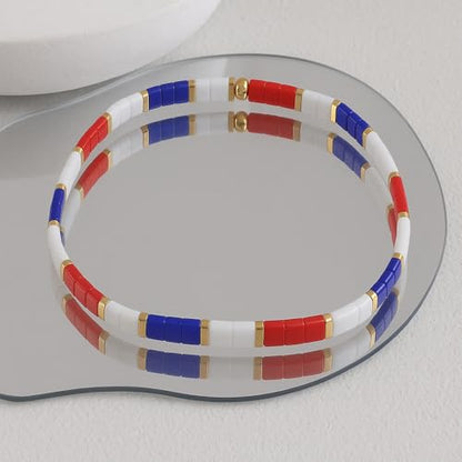 Candy Colorful Tila Flat Beads Bracelets for Women Trendy Unique Friendship Handmade Stackable Christmas Jewelry Gifts - color: red white blue