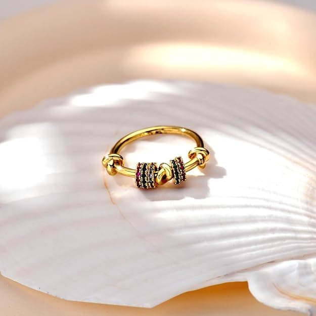 14K Gold Plated Plated Anxiety Spinner Ring for Women,Simulated Diamond CZ Rainbow Fidget Ring, Knot Design Stress Relief Finger Knuckle Ring, Thin Statement Cocktail Promise Ring Jewelry Gift