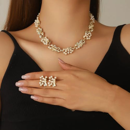 Fashion Bride Silver Gold Plated Black 1920s Leaf Faux Pearls Necklace Earrings Set Wedding Jewelry Set Sparkly Choker Necklace Stud Earrings Set for Women Christmas Gift Set for Women Necklace and Earrings - color: Gold Plated