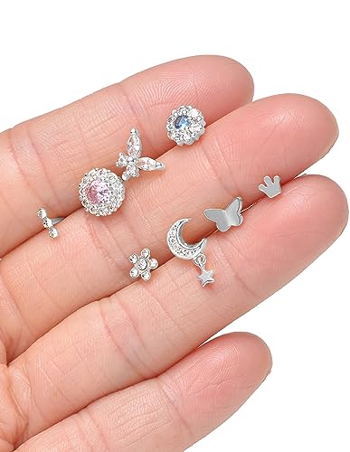 Akeoqi 18Pcs Nose Rings Hoops L Shape Nose Studs Screw Bone CZ Butterfly Flower Cross Leaf Star Crown Heart Nose Nostril Piercings Jewelry Set For Women Men Gold Silver Tone 20G - color: B1:Silver-18PCS