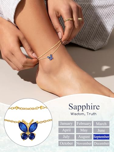Suplight Gold Plated Butterfly Anklets for Women Waterproof, Layered Boho Ankle Bracelet with Birthstone, Stainless Steel Adjustable Non-Tarnish Heart Foot Jewelry Beach Vacation - color: 09. Butterfly-Sept. Sapphire