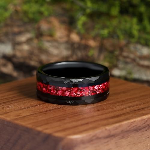 4mm/8mm Tungsten Wedding Bands for Men Women Ruby/Morganite/Emerald | Aquamarine/Zirconia, Black/Rose Gold/14K Gold, Engagement Promise Ring, Anniversary Valentine Day Birthday Gift for Him/Her - color: Black and Red