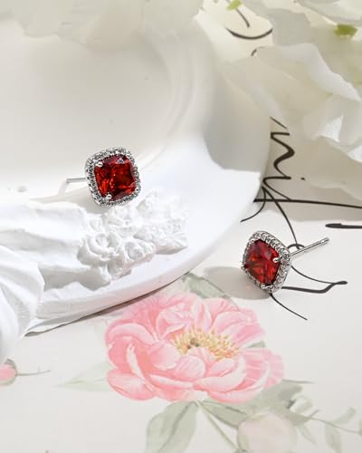 Square Cubic Zirconia Earrings Stud 7mm Birthstone Studs Earrings Hypoallergenic Princess Cut Earrings 925 Sterling Silver Post Studs Earrings for Women - color: Ruby