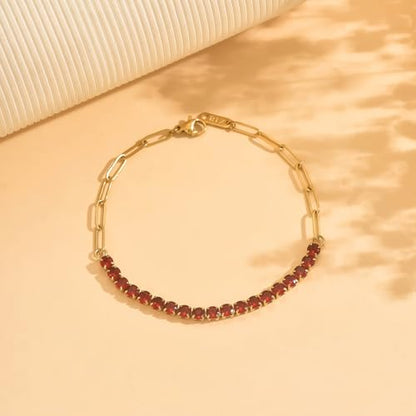 18K Gold Plated Tennis Bracelets for Women, Adjustable Cubic Zirconia Bracelet with Multi-color 4mm CZ Diamond Paperclip Chain, Dainty Trendy Birthday Bridal Jewelry Gifts for Women Daily Party Wear - color: Red