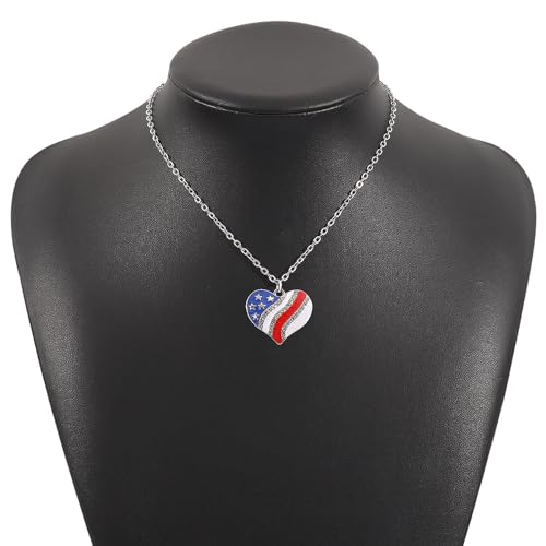 HUJUON American Flag Pendant Necklace Earring Set for Women 4th Of July Butterfly Drop Dangle Hook Earring Independence Day Usa Patriotic Choker Jewelry Gift - color: Heart Silver