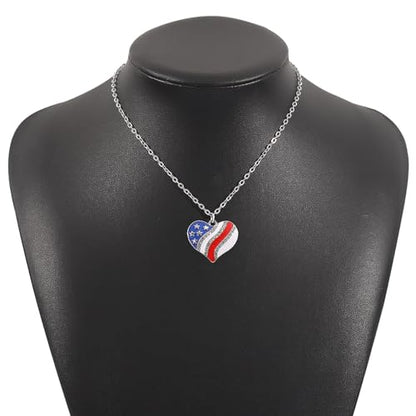 HUJUON American Flag Pendant Necklace Earring Set for Women 4th Of July Butterfly Drop Dangle Hook Earring Independence Day Usa Patriotic Choker Jewelry Gift - color: Heart Silver