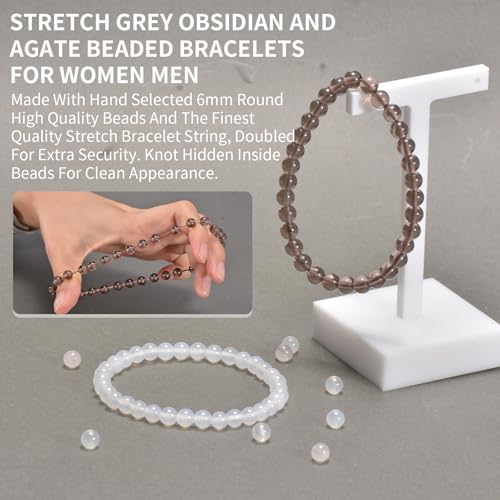 2PCS Agate Bracelet for Women Men Natural Round Beaded Agates Stone Healing Stretch Bracelets Elastic Handmade Polished Gemstone Beads Bracelet - color: Grey+White, size: 6mm Beads