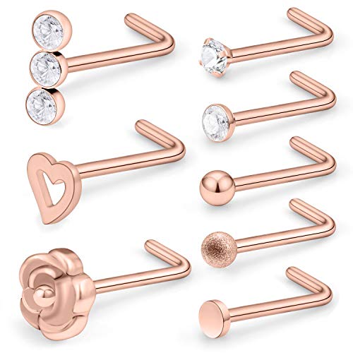 SCERRING 20G 8PCS Stainless Steel Flower Rose Heart L-Shaped Nose Stud Rings Piercing Jewelry Clear Cubic Zirconia - color: 8PCS - Rose Gold