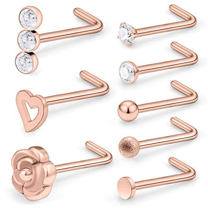 SCERRING 20G 8PCS Stainless Steel Flower Rose Heart L-Shaped Nose Stud Rings Piercing Jewelry Clear Cubic Zirconia - color: 8PCS - Rose Gold