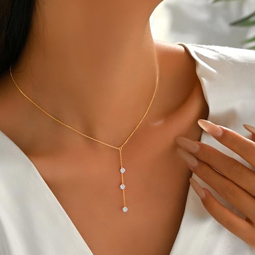 925 Sterling Silver Lariat Necklace for Women | Cubic Zirconia Long Necklace 14k Gold Plated Trendy Y Shape Drop Pendant Necklace for Mother Daughter Birthday Jewelry Gifts - color: Gold