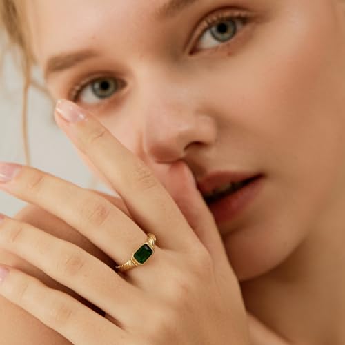Gold Emerald Rings Gold Rings for Women Dainty Green Rings Cut Emerald Gemstones CZ Non Tarnish Gold Rings 14K Gold Plated Rings for Women Band Size 6/7/8/9 - size: Size 6