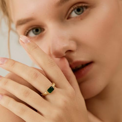 Gold Emerald Rings Gold Rings for Women Dainty Green Rings Cut Emerald Gemstones CZ Non Tarnish Gold Rings 14K Gold Plated Rings for Women Band Size 6/7/8/9 - size: Size 6