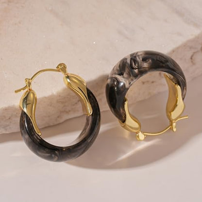 Chunky Brown Resin Hoop Earrings for Women Small Gold Huggie Square Design Trendy Minimalist Jewelry Trendy Wear Gift - color: A3:Black Hoop Earrings
