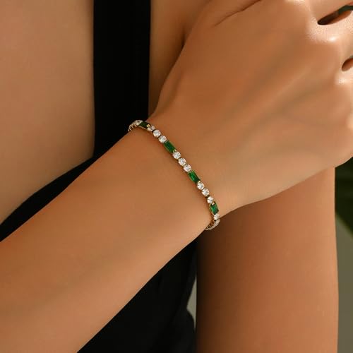 Tennis Bracelet for Women 18K Gold Plated White Red Green Black Blue Pink 3mm Cubic Zirconia Bracelet Dainty Diamond Adjustable Bracelet Trendy Jewelry Gift - color: Green Tennis-GD