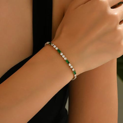 Tennis Bracelet for Women 18K Gold Plated White Red Green Black Blue Pink 3mm Cubic Zirconia Bracelet Dainty Diamond Adjustable Bracelet Trendy Jewelry Gift - color: Green Tennis-GD