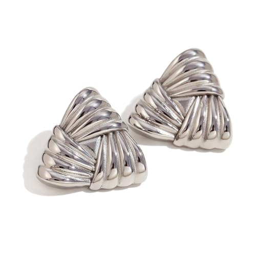 Geometric Ribbon Stud Earrings for Women, 14K Gold Plated Stainless Steel Hypoallergenic Chunky Statement Geometric Dangle Drop Earrings, Striped Stud Earrings - color: Silver