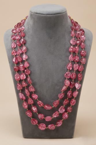 Triple Strand Pink Crackle Bead Necklace for Women Layered Statement Jewelry with Gold Tone Clasp Elegant Necklace