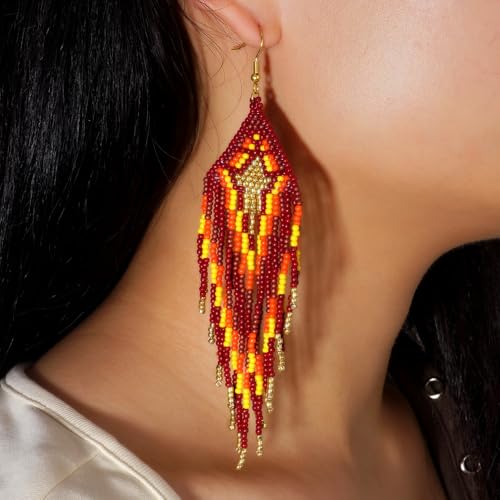 Bohemian Tassel Colorful Beaded Earrings For Women Trendy, Long Fringe Feather Drop Jewelry Handmade Gifts. - color: color3