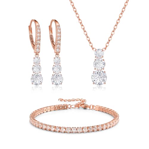 Crysdue Cubic Zirconia Jewelry Set for Women Bridesmaid, Classic Round Cut Drop Lightweight Lever Back Earrings Pendant Necklace Tennis Bracelet for Wedding Prom Party - style: 3pcs Rose Gold