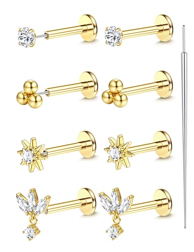 LOLIAS 18K Gold Plated Threadless Flat Back Earrings Studs Hypoallergenic | 316L Surgical Steel Push in Nose Rings Studs 20G CZ Tragus Cartilage Helix Conch Lip Labret Medusa Nostril Piercing Jewelry - color: 18K Gold Plated, size: 18G(1.0mm)-Star&CZ&Ball