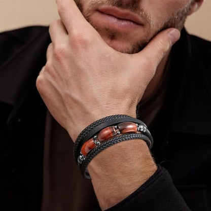 Mens Tiger Eye Leather Bracelet, Natural Tiger Eye Stone Multi-Layer Braided Cuff Bracelets for Men, Stainless Steel with Buckle Memorial Bangle Gifts for Him - color: Black4