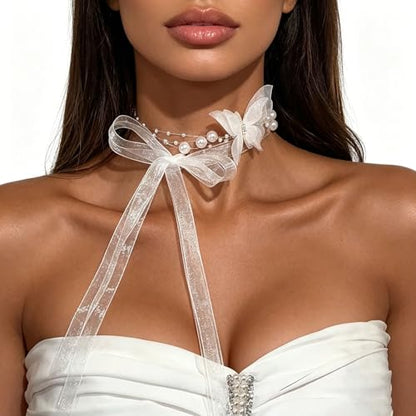 Lace Butterfly Necklace Dainty Pearl Beaded Bow Tie Ribbon Necklaces Long Elegant Lace Fairy Tassel Choker White Black Pink Blue Butterfly Choker Necklaces Cute Butterfly Jewelry Y2K Aesthetic Jewlery for Wedding Party Prom - color: White