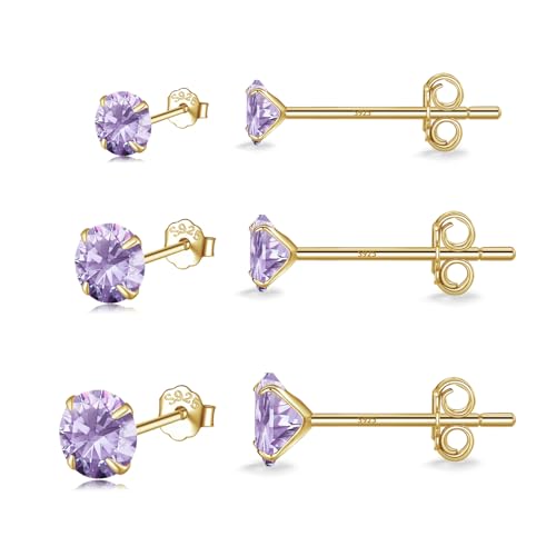 MASOP VOGU 3-5mm Sterling Silver Stud Earrings Set 14K White Gold Plated Hypoallergenic Tiny Round Cut CZ Cubic Zirconia Simulated Diamond Cartilage Studs for Women Men - color: I#Gold-3Pairs(3/4/5mm)-Purple CZ