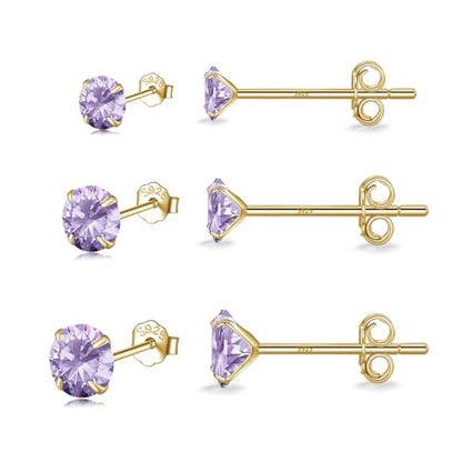 MASOP VOGU 3-5mm Sterling Silver Stud Earrings Set 14K White Gold Plated Hypoallergenic Tiny Round Cut CZ Cubic Zirconia Simulated Diamond Cartilage Studs for Women Men - color: I#Gold-3Pairs(3/4/5mm)-Purple CZ